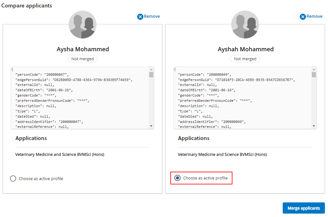 Applicant merge screen showing the active applicant selected.