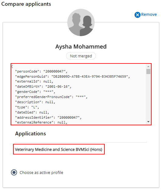 Applicant merge screen showing the data for the applicant and applications displayed as a JSON file.