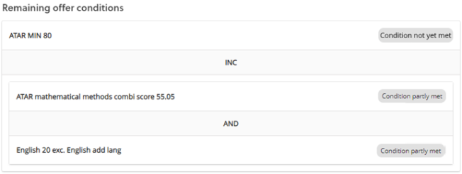 Included conditions on the applicant portal where only some of the included conditions are met