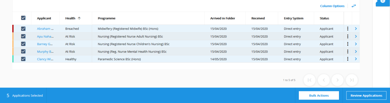 Applications list with multiple applications selected, enabling the bulk actions toolbar