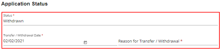The application status section with the status set to withdrawn