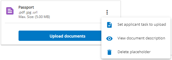 A document placeholder with the options to set a task, view document description, and delete placeholder