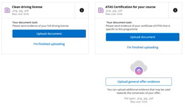 Document placeholder to upload evidence on the applicant portal and general offer evidence