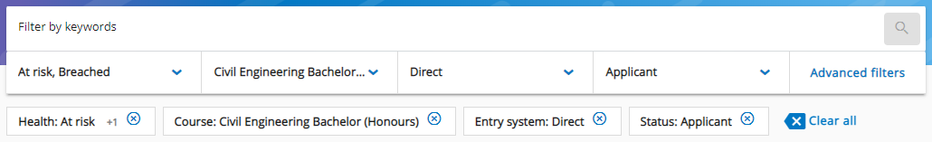 Filter options on an applications list showing active filters for health, programme, entry system, status, plus 1 additional active filter