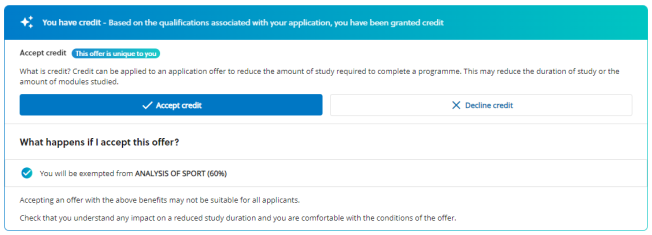 Screenshot showing precedent what the difference between accepting and declining a credit offers