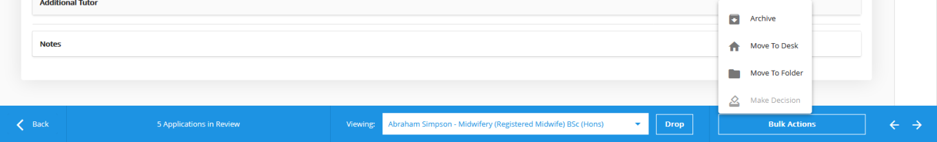 Bulk actions toolbar open on review applications, and the bulk actions button menu open with options to archive, move to desk, move to folder and make decision