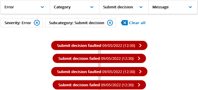 The timeline with filters showing events with the severity error and sub-category submit decision