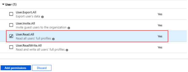 To delegate permissions, select User.Read.All and then Add permissions