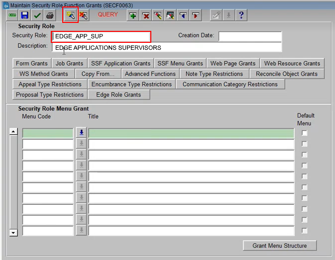 To find the Callista security role to map to the Edge group, go to the SECF0063 form, select query and search for the security role that you want to map the Edge group to