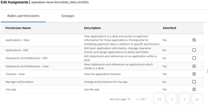 Permissions tab on Edit assignments screen for the Edge unallocated desk