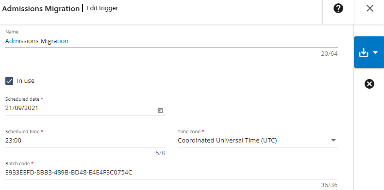  Admissions migration pipeline in Edge showing that the pipeline will run overnight at 11pm on 21 september