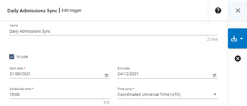 Daily admissions sync pipeline in Edge showing that the pipeline will run every night at 7PM from 21 September to 24 December