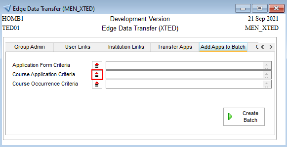 Image showing Course application criteria on the Add apps to batch tab for the sits XTED program