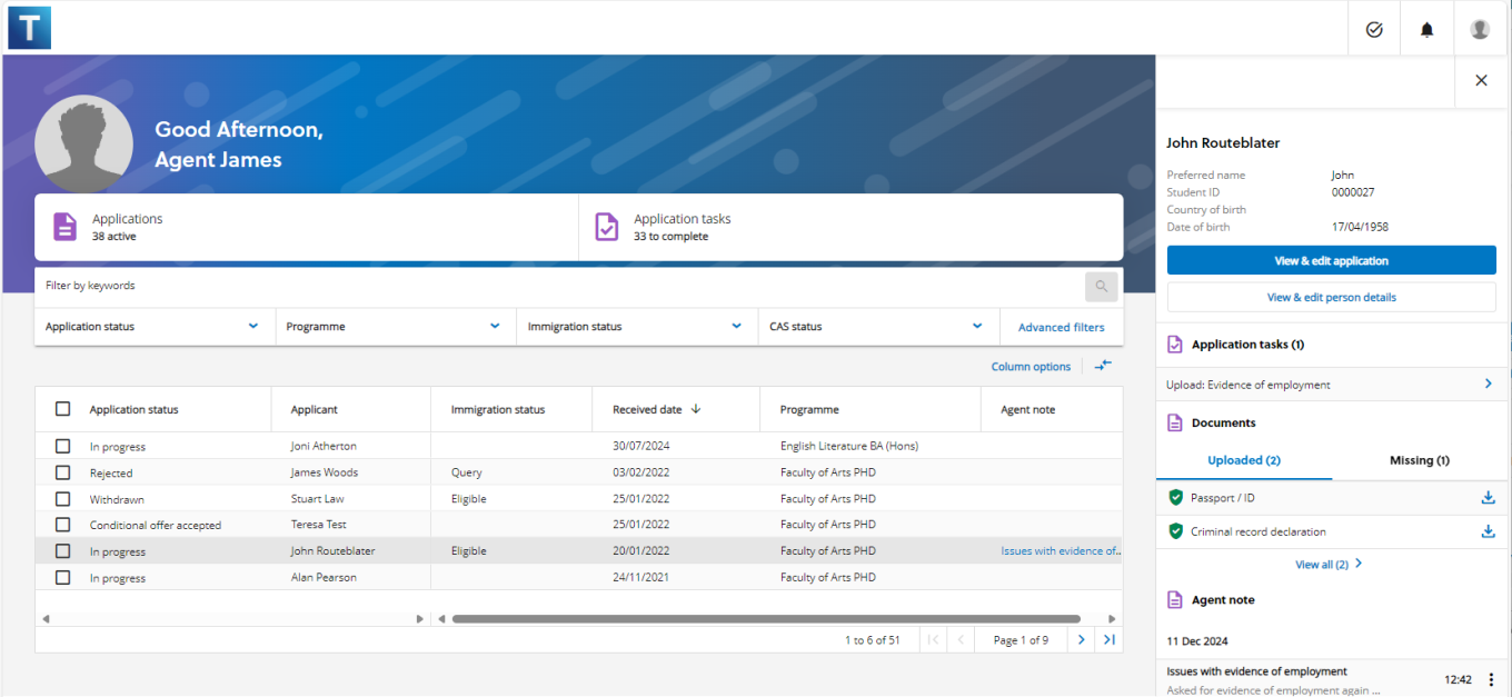 Screenshot showing the showing the list of applications in the agent portal and the mini-info panel for the selected application.