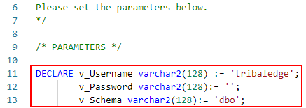 Oracle script detailing tribal edge account details and dbo dot sits schema in Notepad plus plus