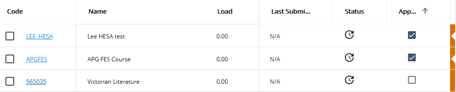 Records of the Courses of study data group with links for the code field