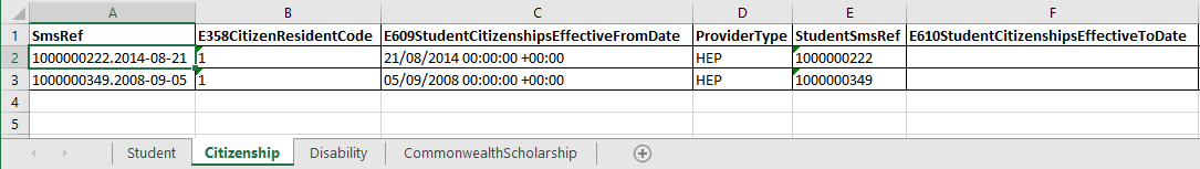 Downloaded records of the Students data group with Citizenship extensions