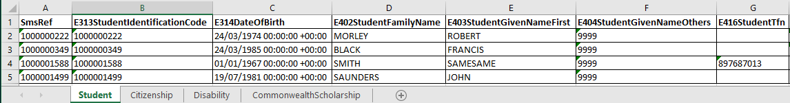 Downloaded records of the Students data group with the smsref value matching the E313 student identification code