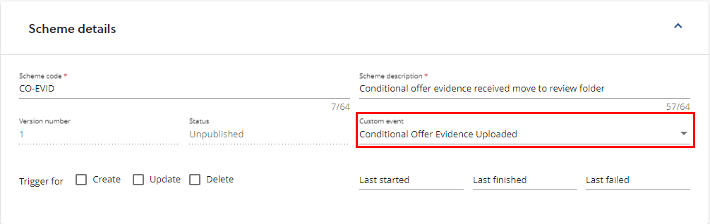 the scheme information section highlighting custom event set to conditional offer evidence uploaded