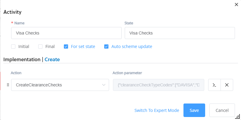 workflow designer activity pop up with the visa clearance check settings entered