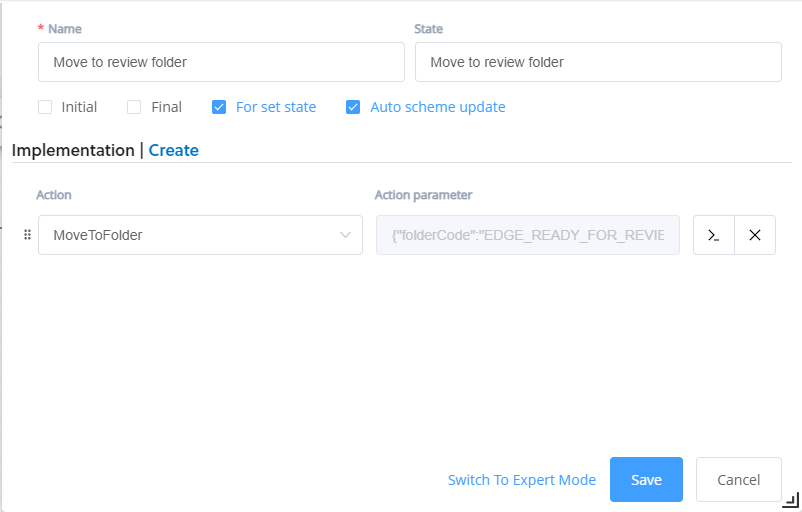 the workflow designer create activity pop up with action set