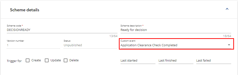 the scheme information section highlighting custom name set to application clearance check