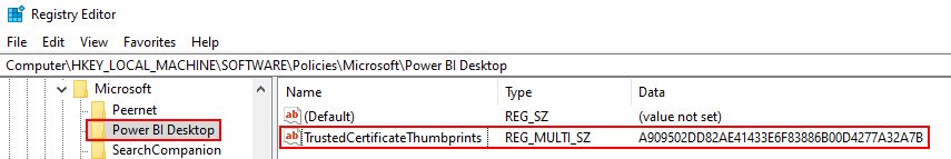 OData connector certificate thumbprint in reg edit