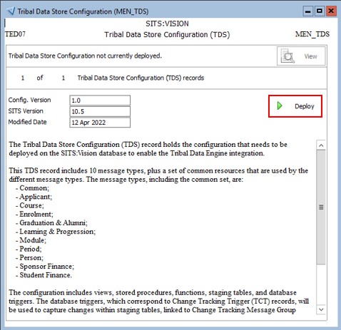 TDS entity in SITS:Vision with deploy option highlighted