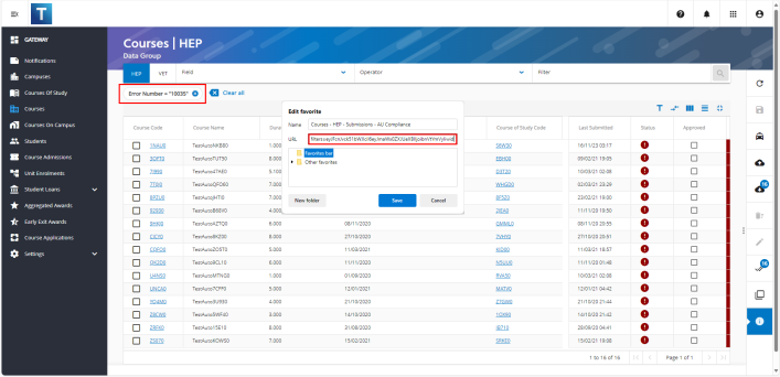 Image showing a filter of error number equals 10035 applied to the courses data group and the bookmark for the page with the filter applied showing that the filter is encoded.