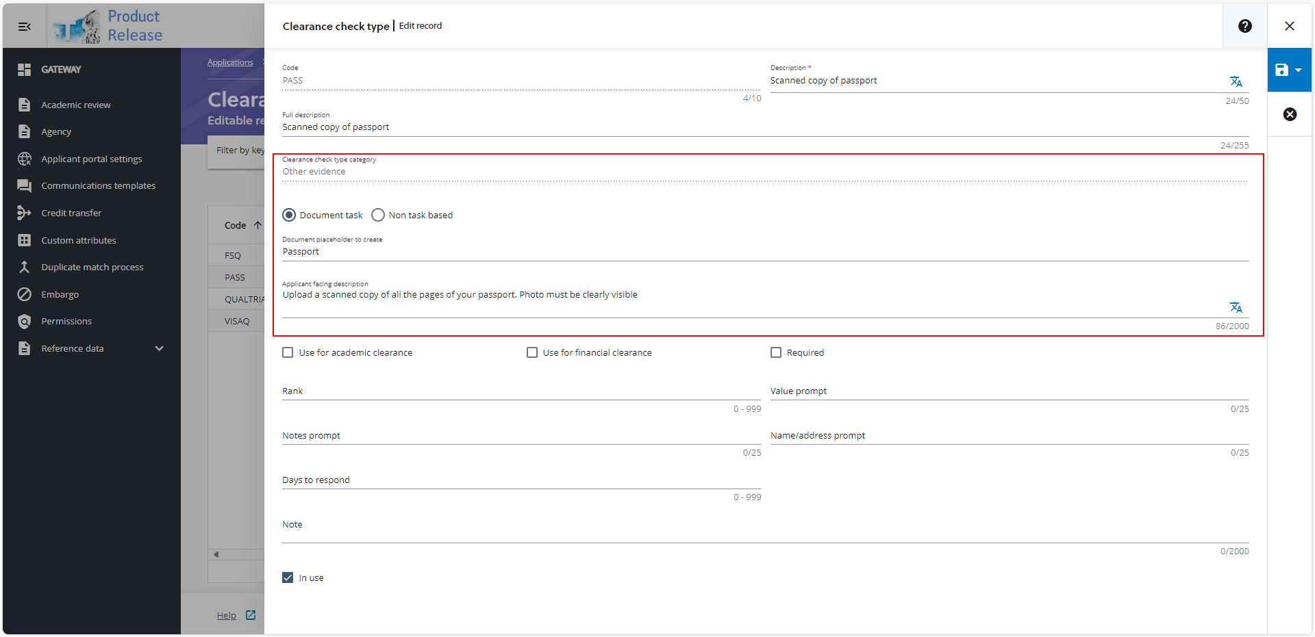 Image of a clearance check type showing the option to create a document task. Then, for a document task, the options for the document placeholder to create and the applicant facing description.