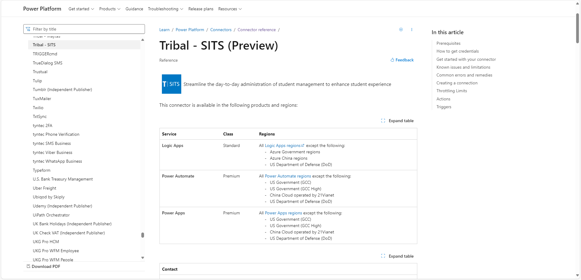 Screenshot the sits connector on the Microsoft power platform page