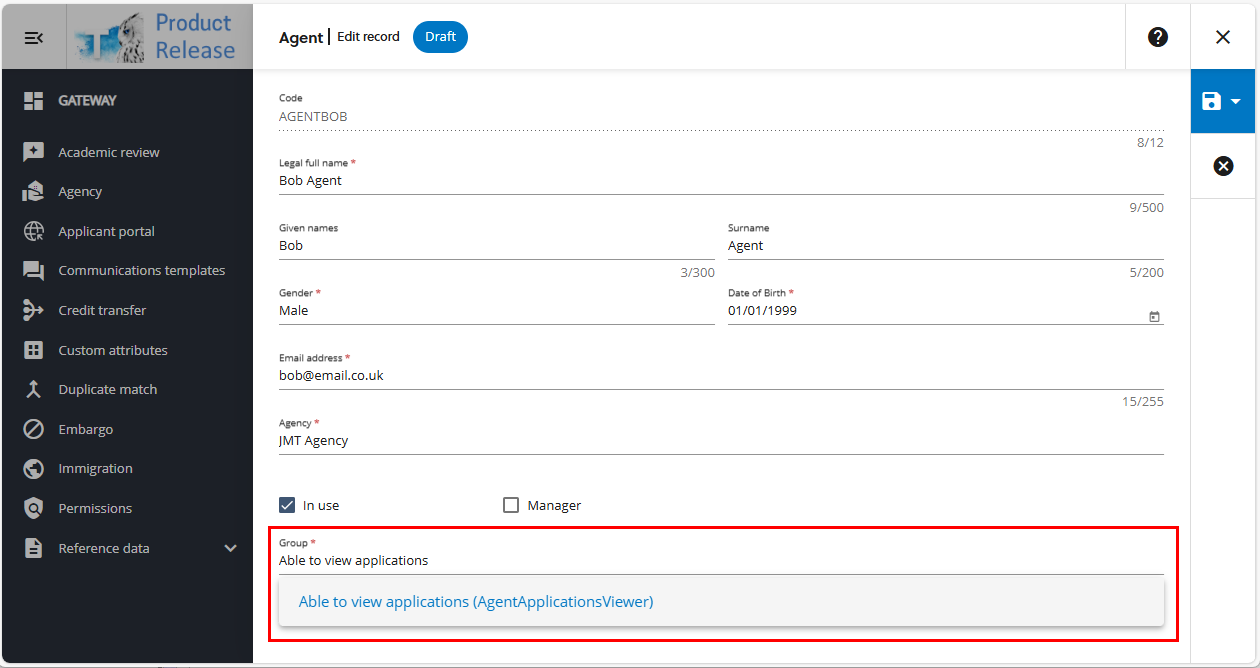 Agent's reference data showing group option