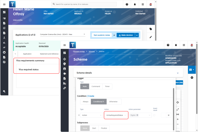 Image showing visa required on the identity and immigration tab and on a workflow condition.