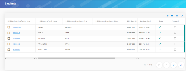 Records in the Students data group, all with the status Submitted OK