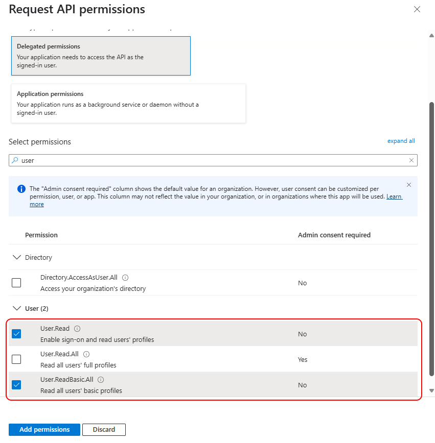 Delegate permissions in Azure active directory