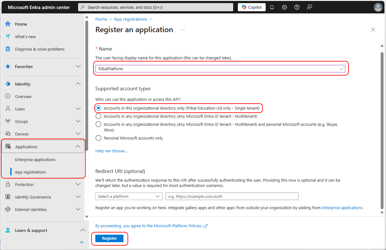 On the register application page, define the name of the application, select the supported account types, then select register to register the application