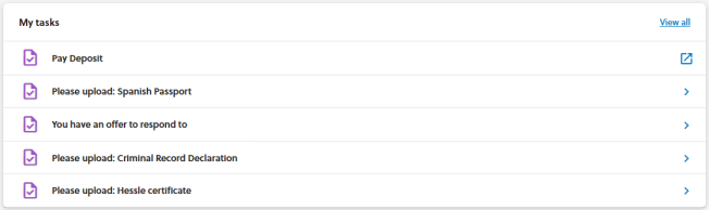 Screenshot showing the tasks of an application on the applicant portal.