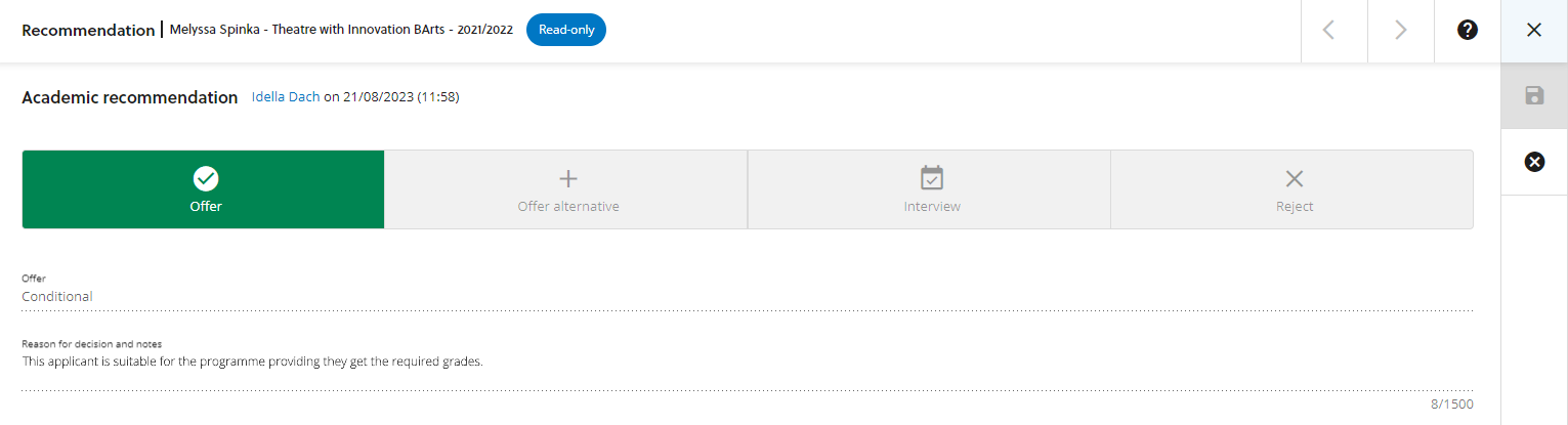 Image showing a recomendation for a conditional offer