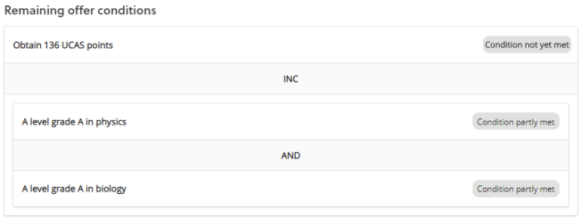 Included conditions on the applicant portal where only some of the included conditions are met