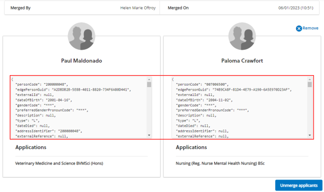 Applicant unmerge feature in applications showing two applicants that have been merged