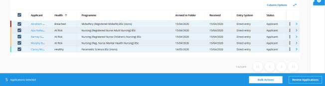 Applications list with multiple applications selected, enabling the bulk actions toolbar