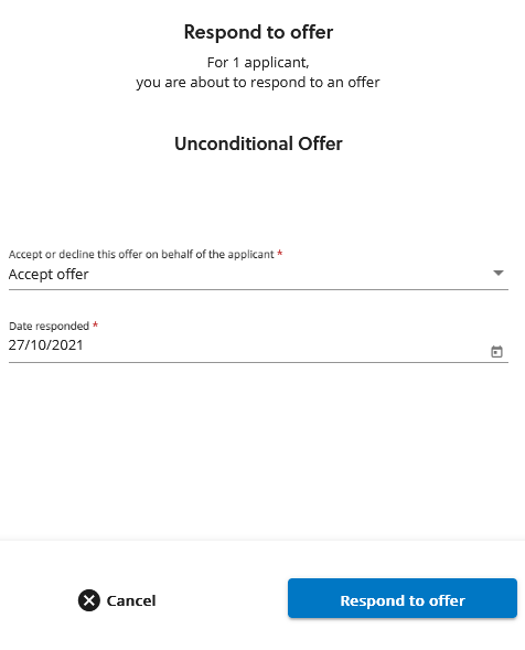 On respond to offer, choose to accept or reject the offer on the applicant's behalf and select the date of the response, then select Respond to offer