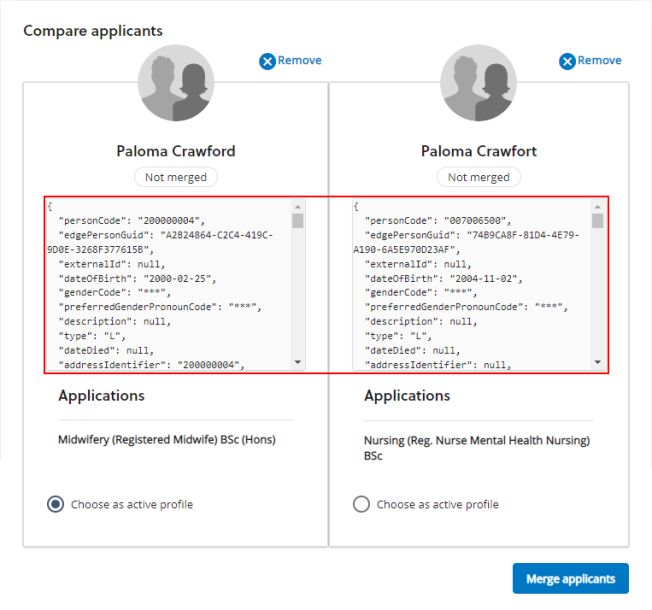 Applicant merge feature showing two applicants to be merged