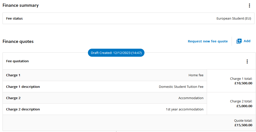 Fee quotation showing the fee header, status and total, and the fee composition