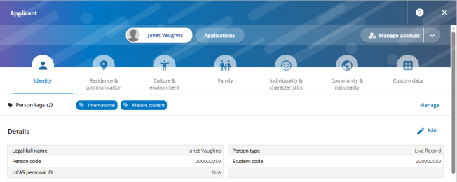 Applicant profile with person tags