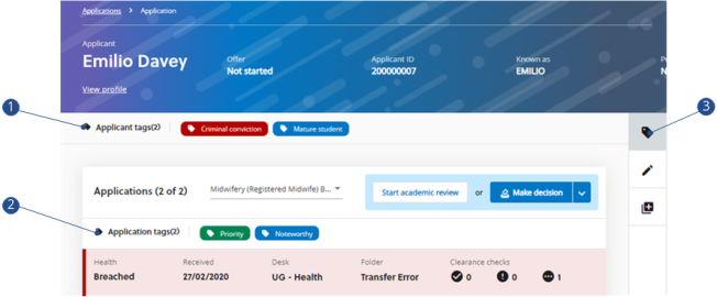 Application with applicant and application tags