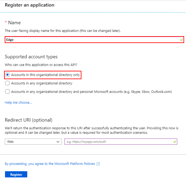 On the register application page, define the name of the application, select the supported account types, then select register to register the application