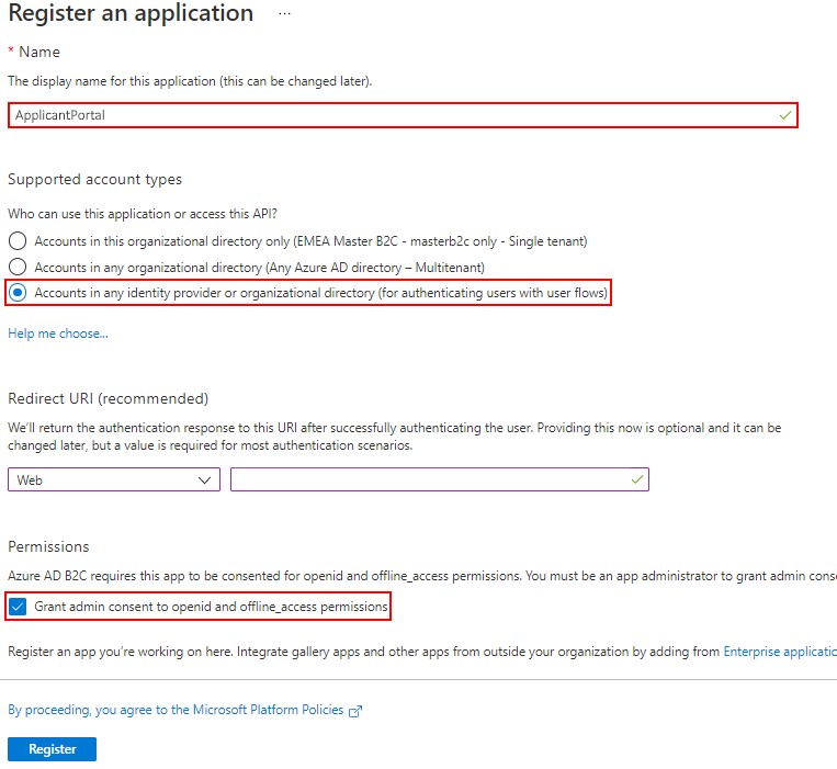 On the register application page, define the name of the application, select the supported account types, then select register to register the application