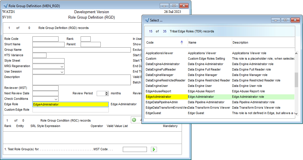 Role group definition entity in SITS for the Edge administrator selected from the defined roles in SITS:Vision.