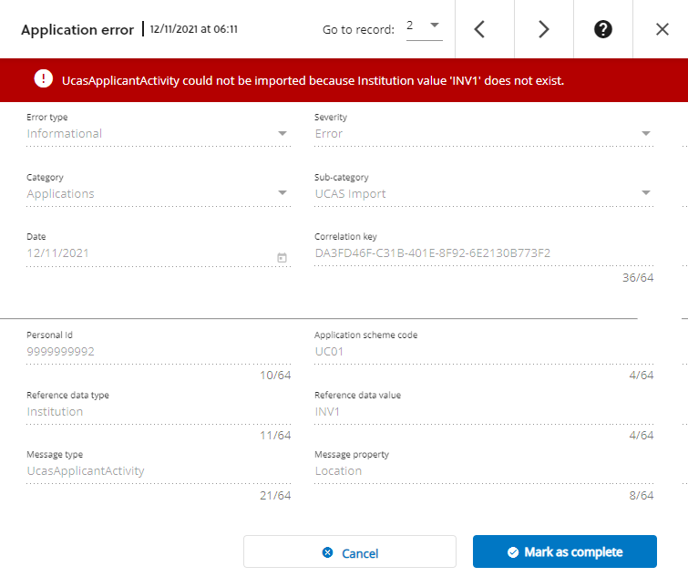 UCAS import error detailing a description of the error and information that can be used to identify the data causing the error